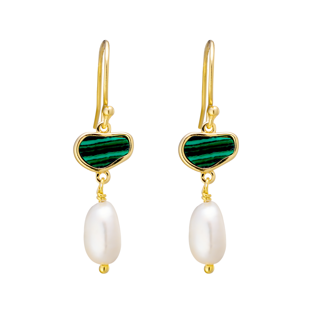 Prism 14k Gold Vermeil Malachite/Freshwater Pearl Hook Earrings