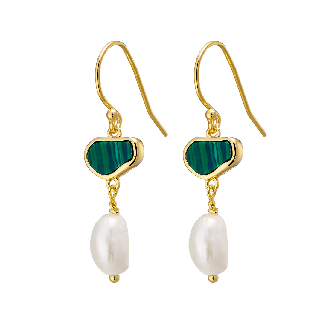 Prism 14k Gold Vermeil Malachite/Freshwater Pearl Hook Earrings