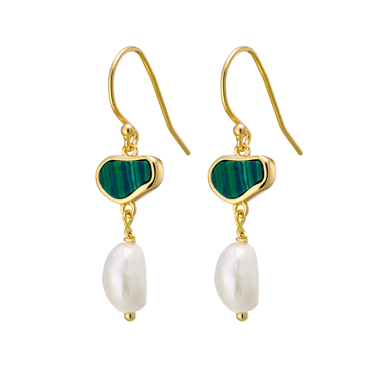 Prism 14k Gold Vermeil Malachite/Freshwater Pearl Hook Earrings