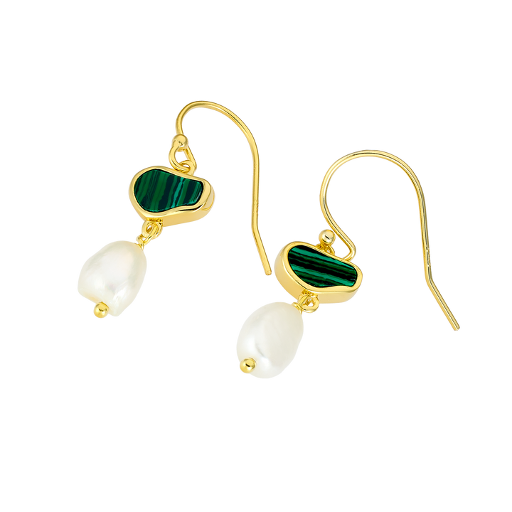 Prism 14k Gold Vermeil Malachite/Freshwater Pearl Hook Earrings