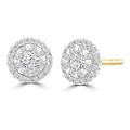 Cluster diamond stud earrings in 9K yellow gold with a central diamond and halo.