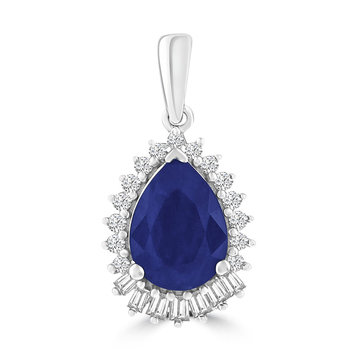 Pear sapphire pendant with diamond halo in 9K white gold