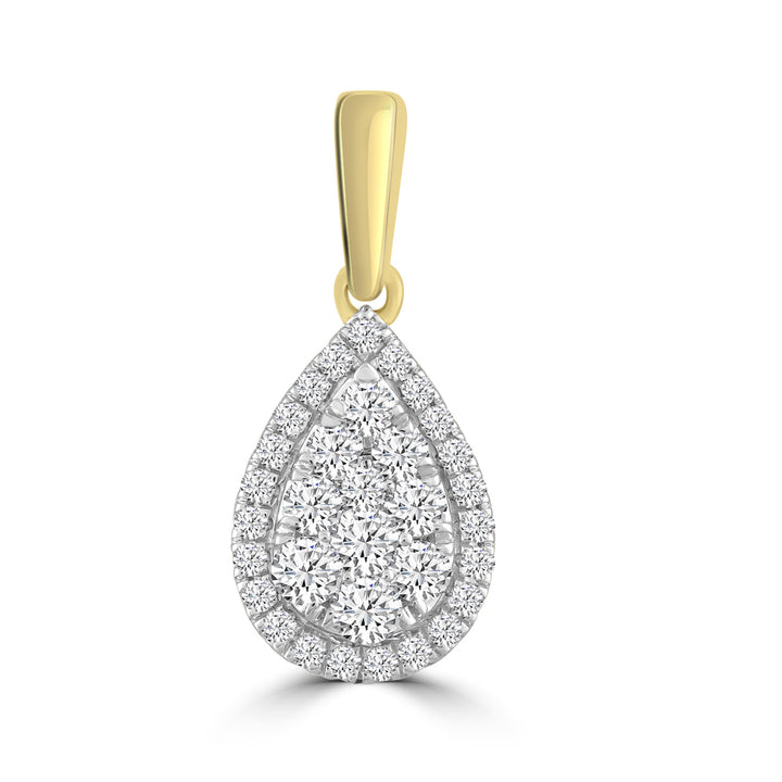 9K yellow gold pear pendant with 0.25ct diamonds, outlined with smaller diamonds.