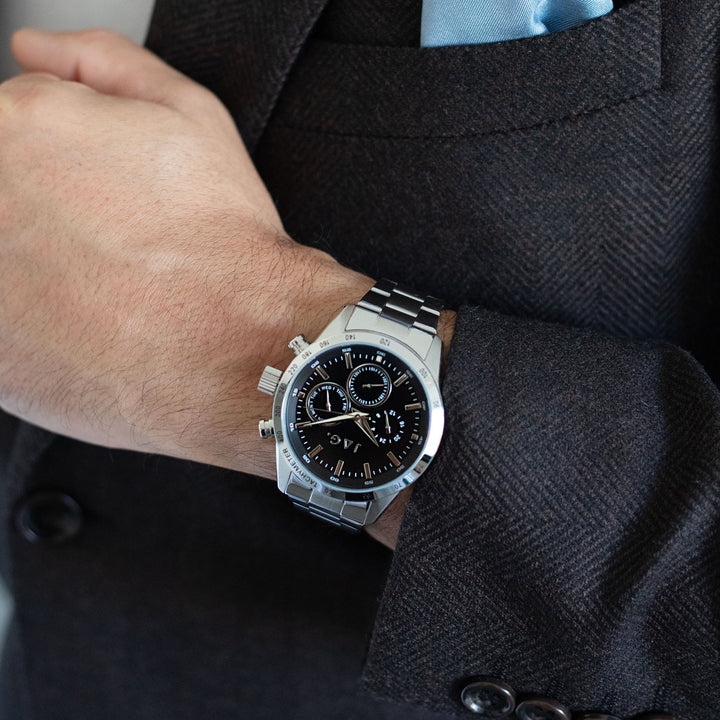 Jag Alain men's silver stainless steel chronograph watch with black dial