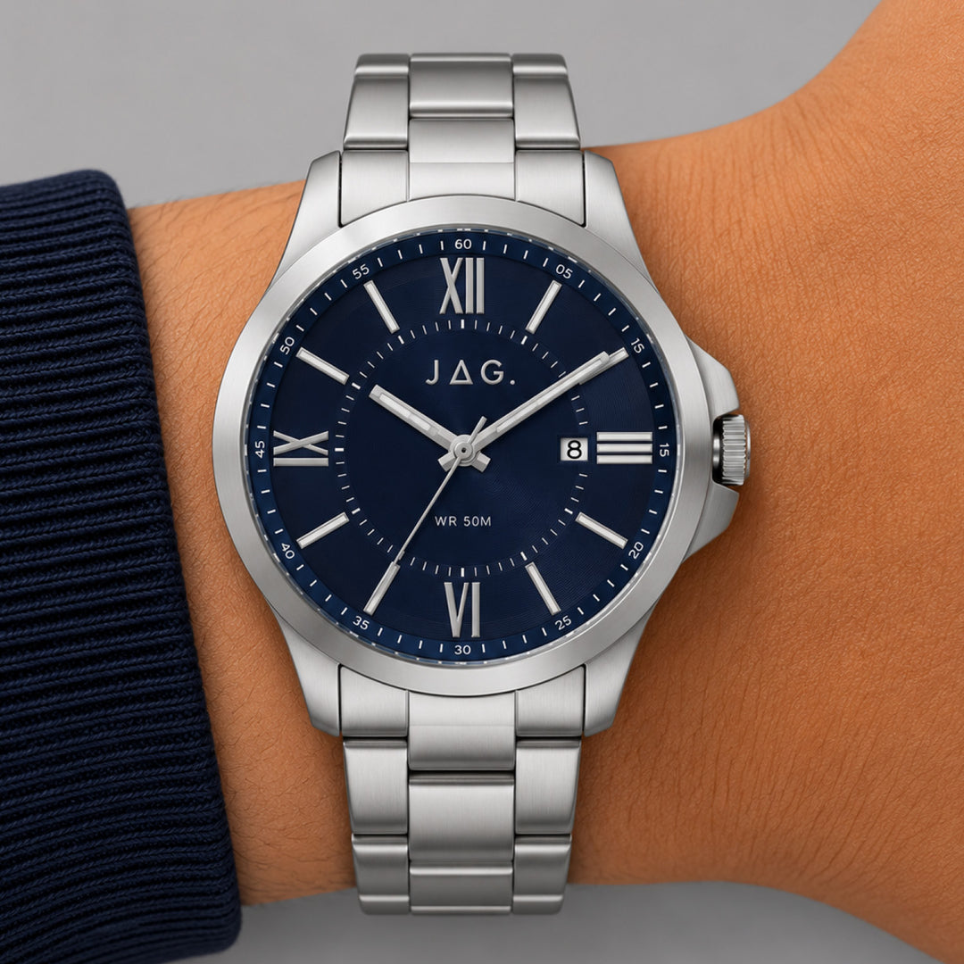 Jag Xavier silver alloy 44mm watch with blue dial on a wrist