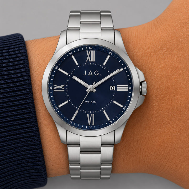 Jag Xavier silver alloy 44mm watch with blue dial on a wrist