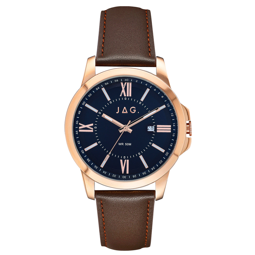 Jag Xavier blue dial rose gold stainless steel watch with brown leather strap