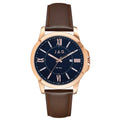 Jag Xavier blue dial rose gold stainless steel watch with brown leather strap