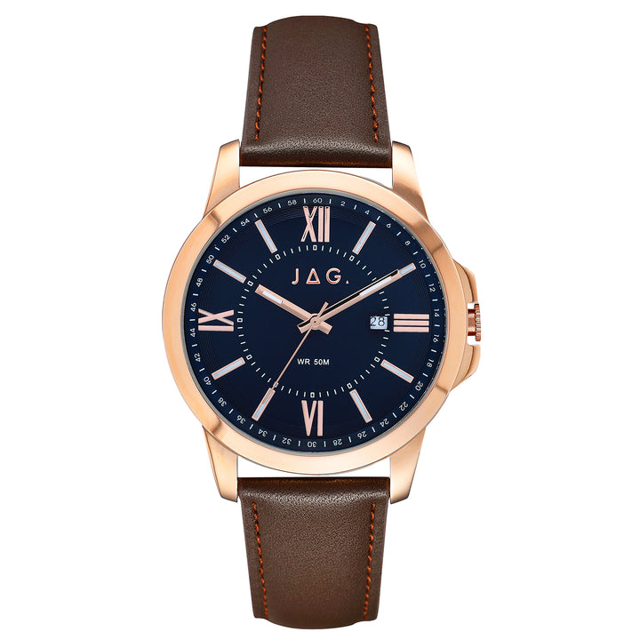 Jag Xavier blue dial rose gold stainless steel watch with brown leather strap