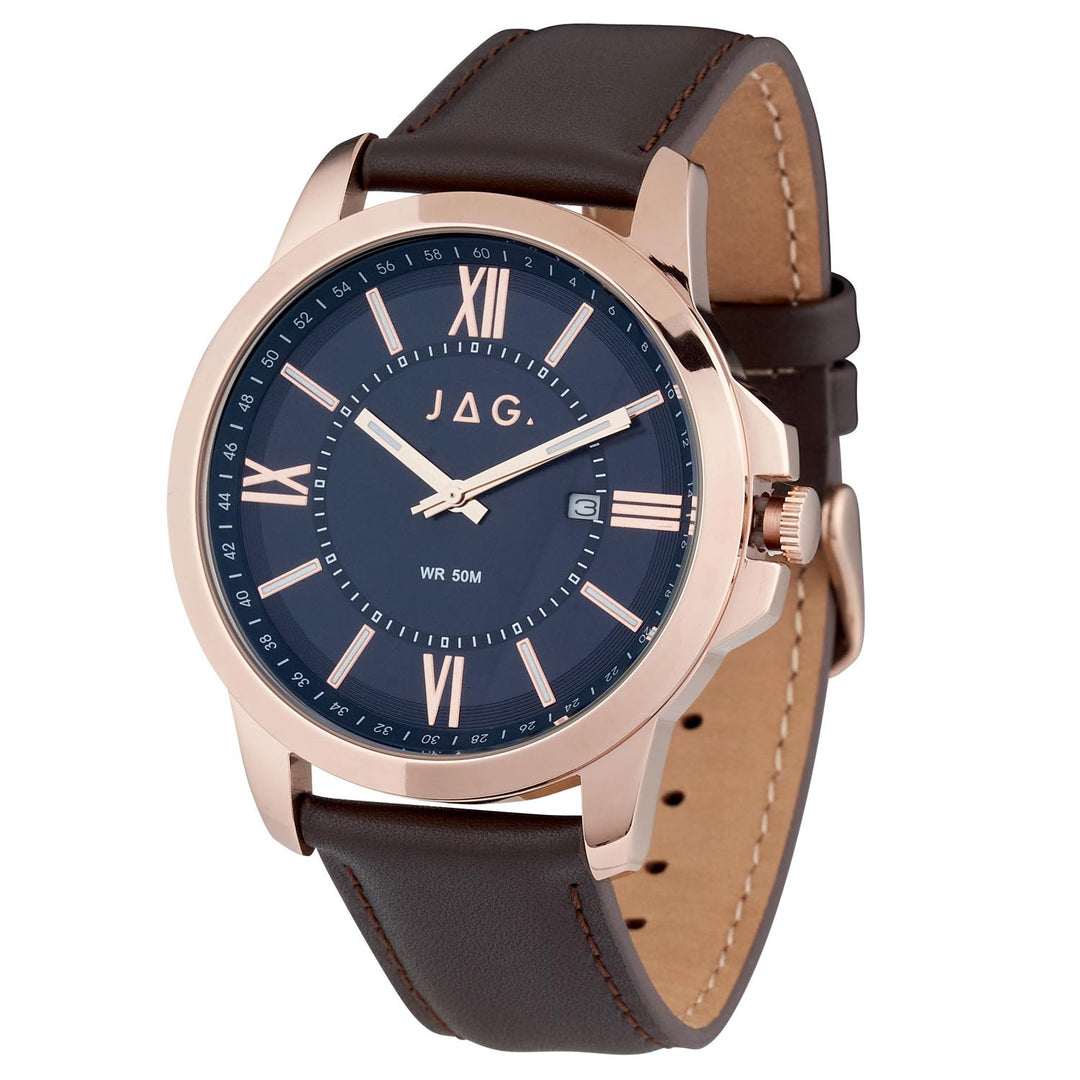 Jag Xavier blue stainless steel 44mm watch with brown leather strap