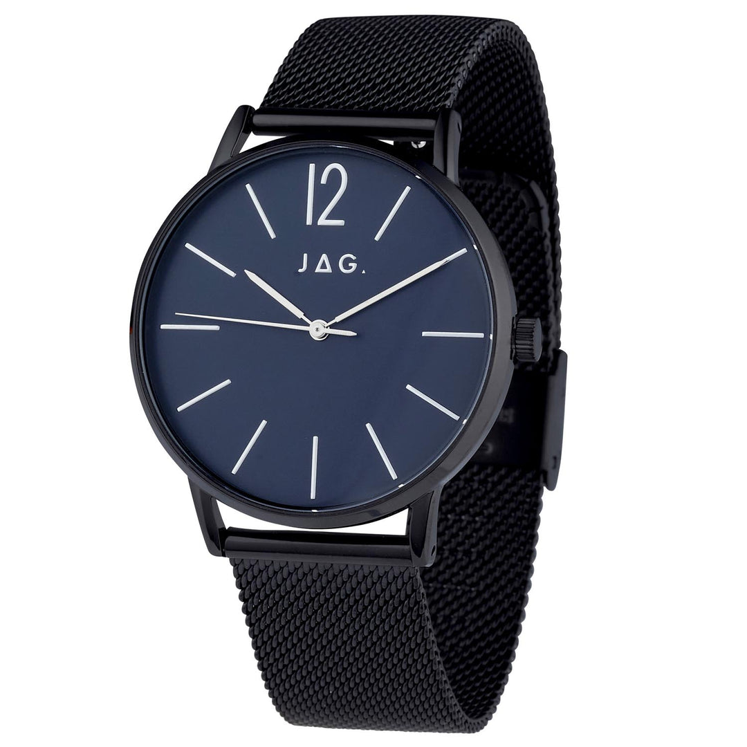Jag Billy dark blue stainless steel 40mm watch with black mesh strap.