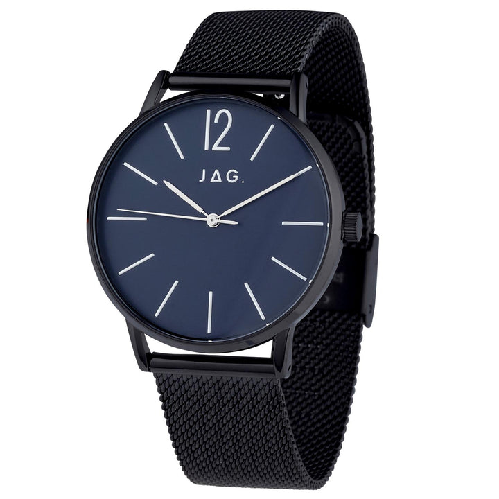 Jag Billy dark blue stainless steel 40mm watch with black mesh strap.
