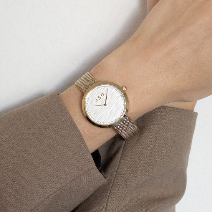 Jag Tegan white alloy 34mm watch with a gold and silver mesh strap