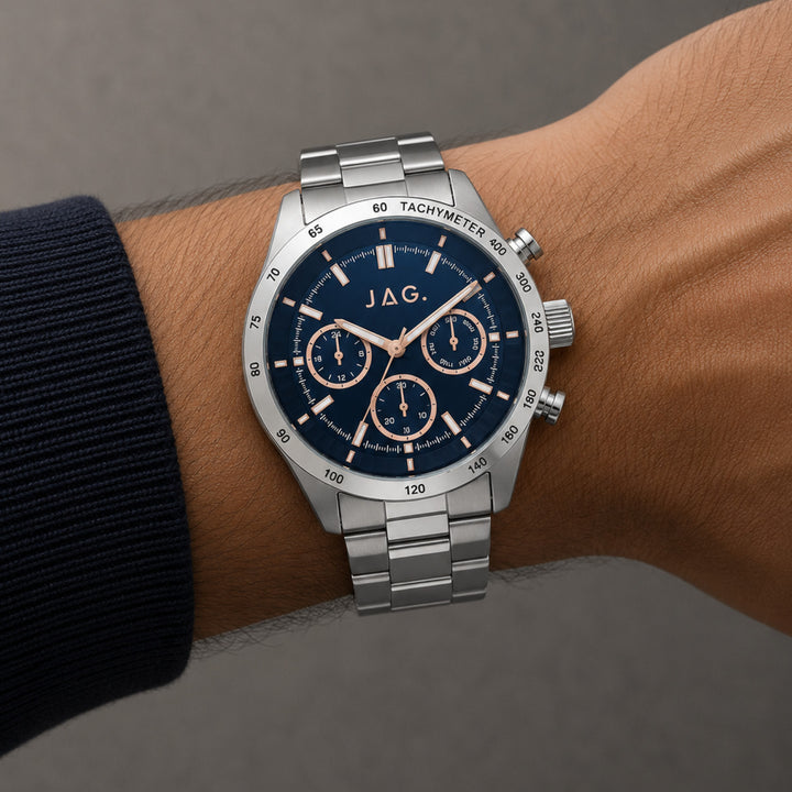 Jag Alain Silver Stainless Steel 44mm Watch shown worn on model