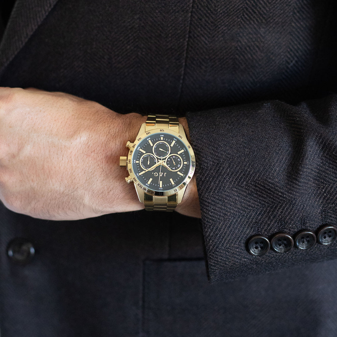 Jag Alain Gold Stainless Steel 44mm Watch shown worn on model