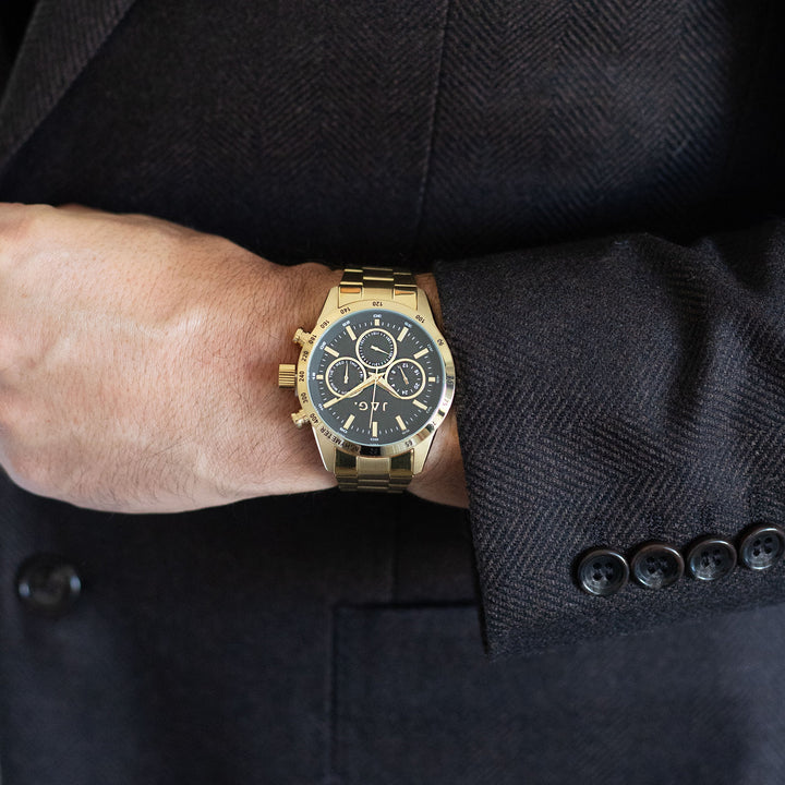 Jag Alain Gold Stainless Steel 44mm Watch shown worn on model