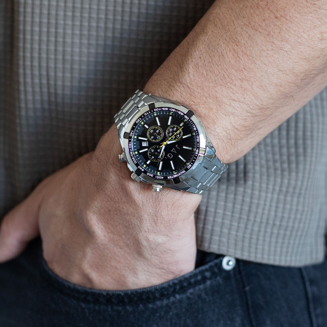 Jag Boss Silver Stainless Steel 46mm Watch shown worn on model