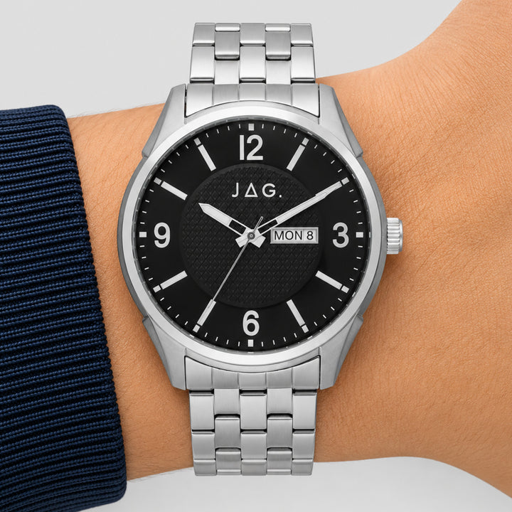Jag William Silver 44mm Watch shown worn on model