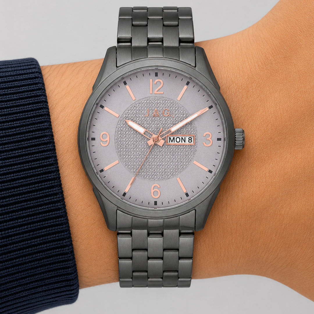 Jag William Grey 44mm Watch shown worn on model