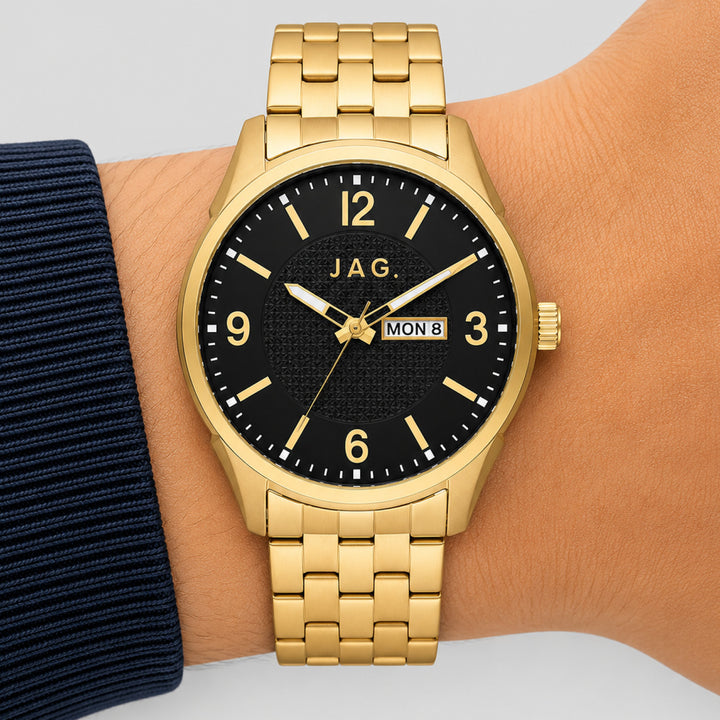 Jag William Gold 44mm Watch shown worn on model