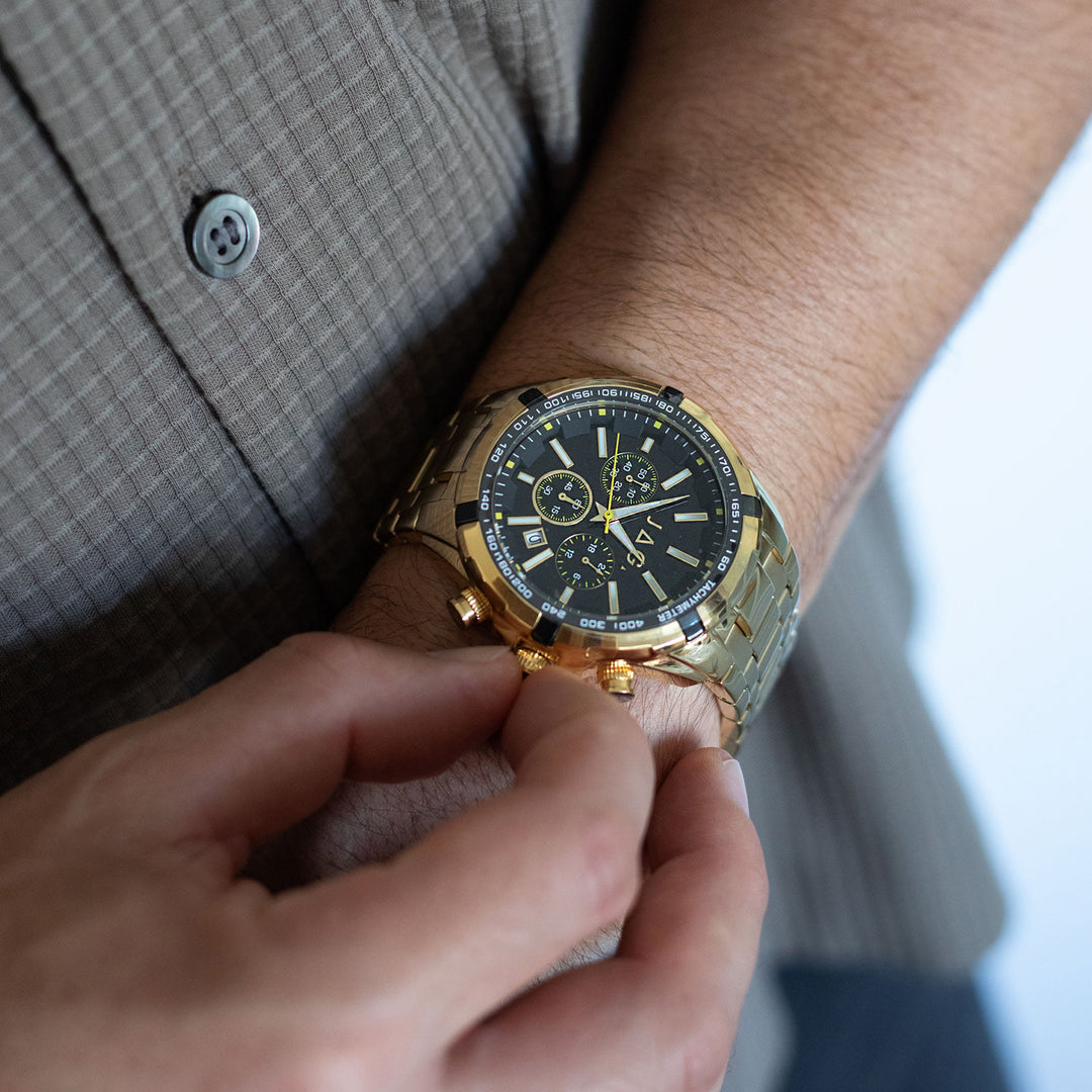 Jag Boss Gold Stainless Steel 46mm Watch shown worn on model