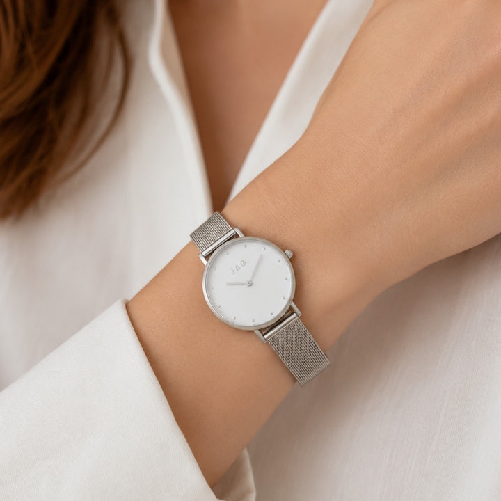 Jag Alice Silver Stainless Steel 32mm Watch shown worn on model