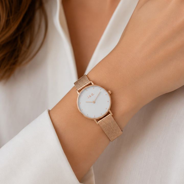 Jag Alice Rose Gold Stainless Steel 32mm Watch shown worn on model