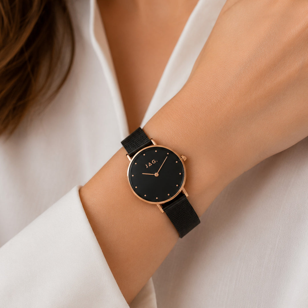 Jag Alice Black Stainless Steel 32mm Watch shown worn on model