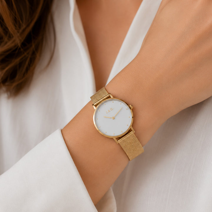 Jag Alice Gold Stainless Steel 32mm Watch shown worn on model