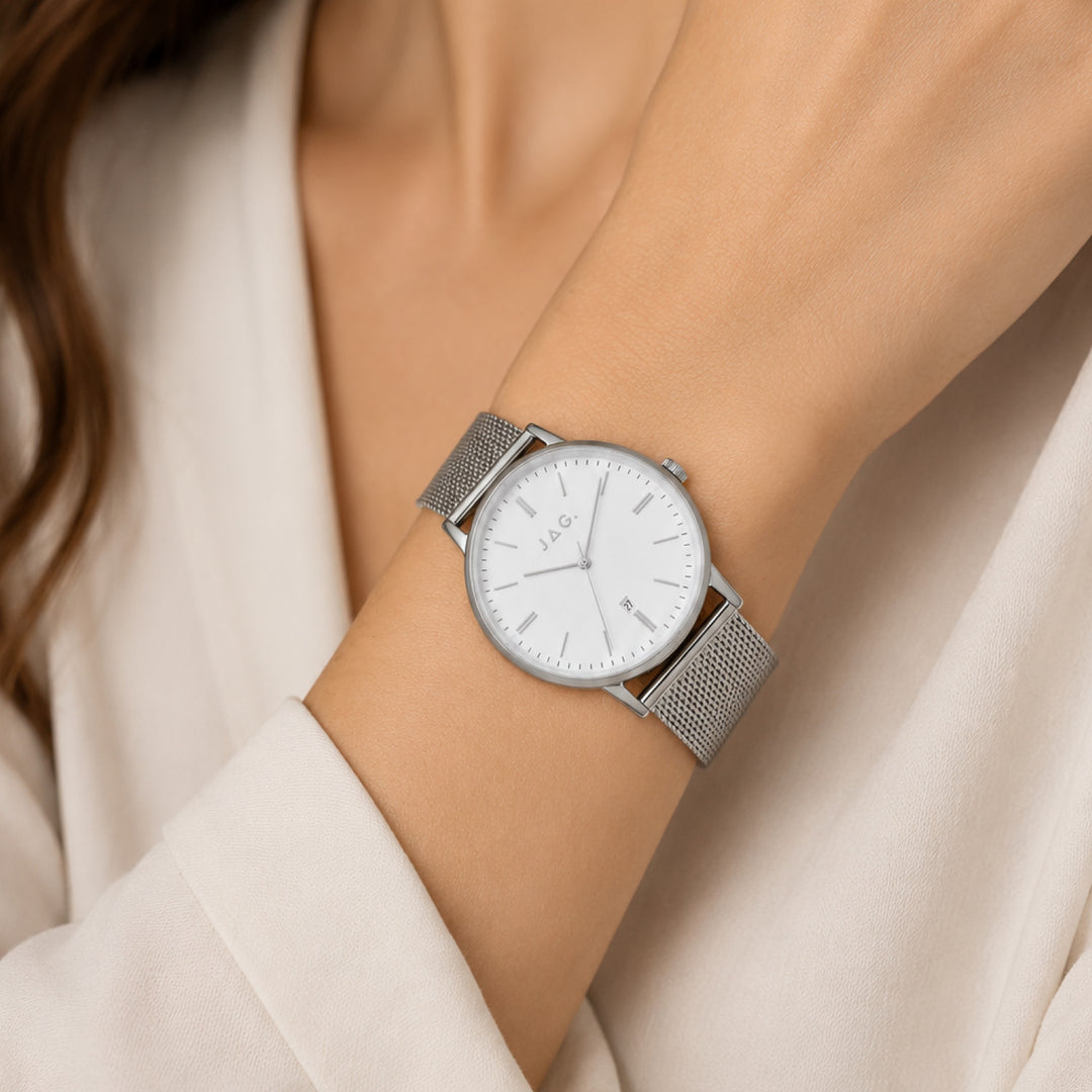 Jag Lawrence Silver Stainless Steel 38mm Watch shown worn on model