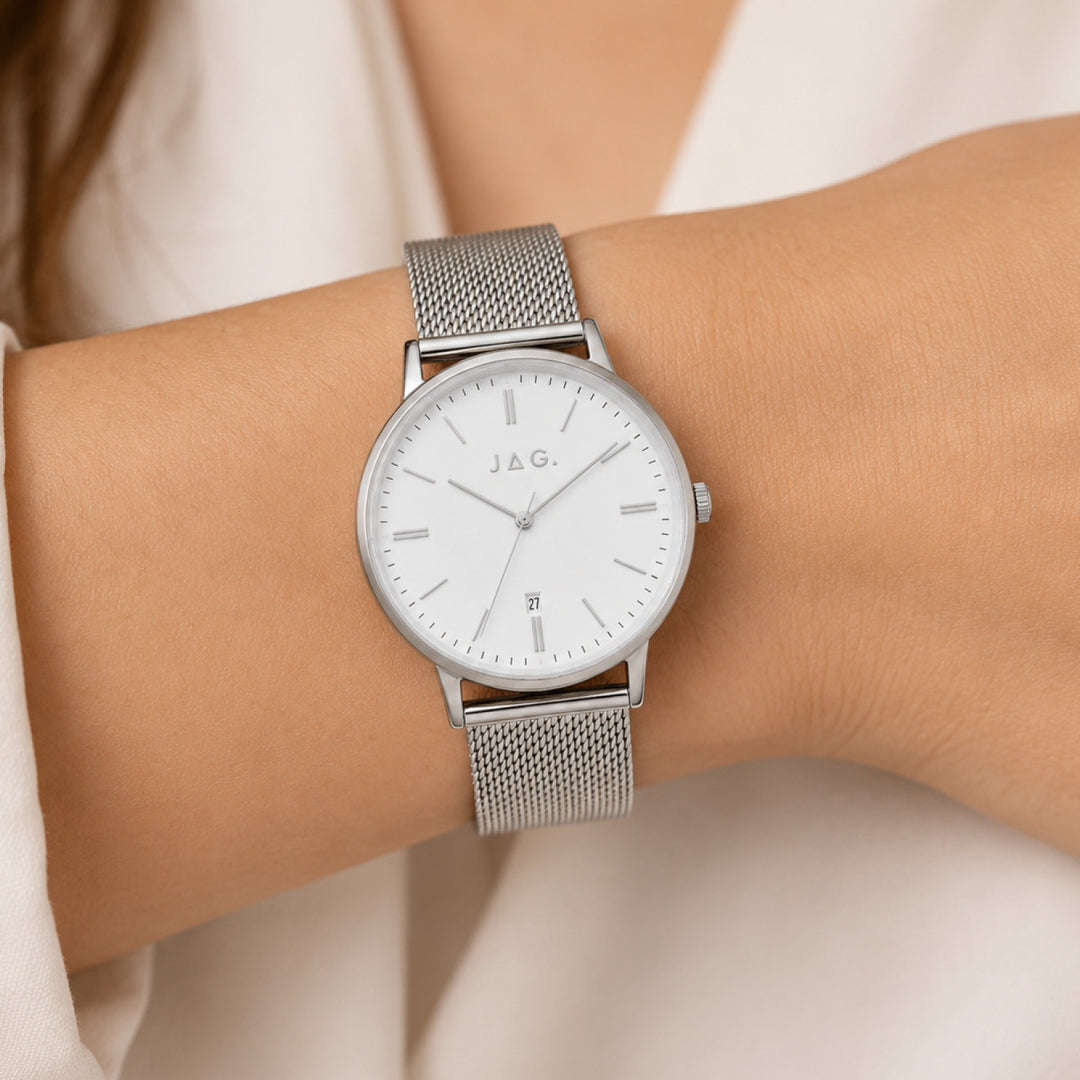 Jag Lawrence Silver Stainless Steel 38mm Watch shown worn on model 2