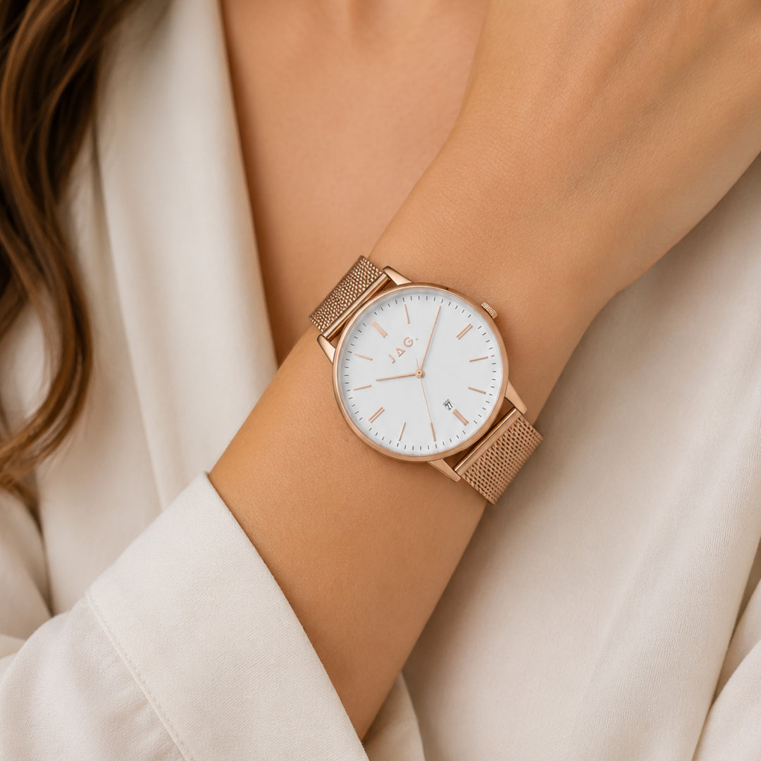 Jag Lawrence Rose Gold Stainless Steel 38mm Watch shown worn on model
