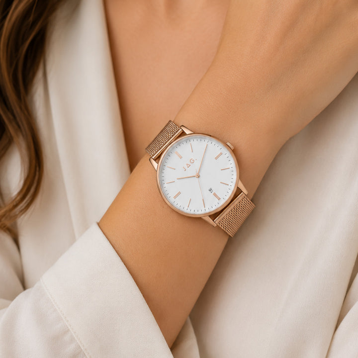 Jag Lawrence Rose Gold Stainless Steel 38mm Watch shown worn on model