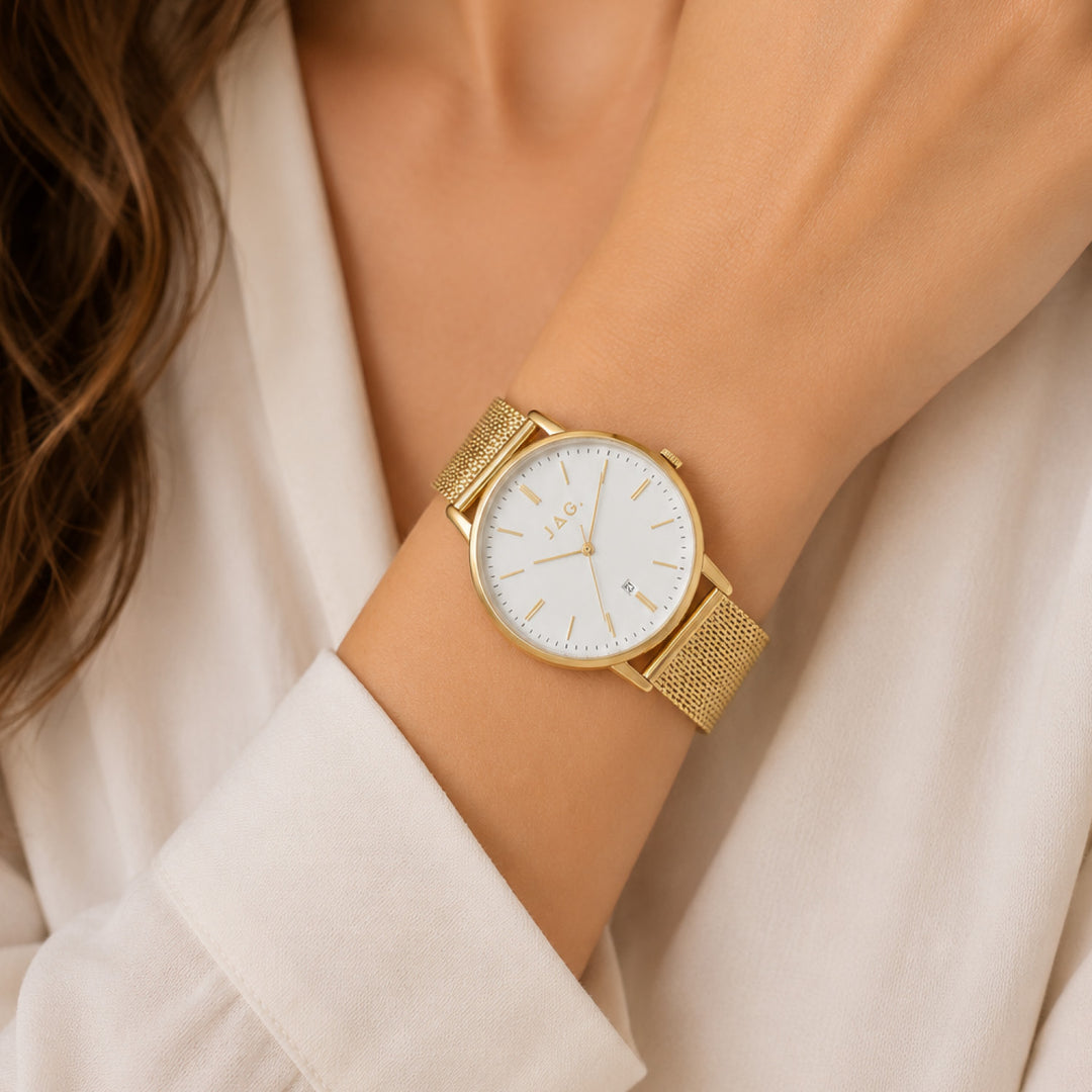 Jag Lawrence Gold Stainless Steel 38mm Watch shown worn on model