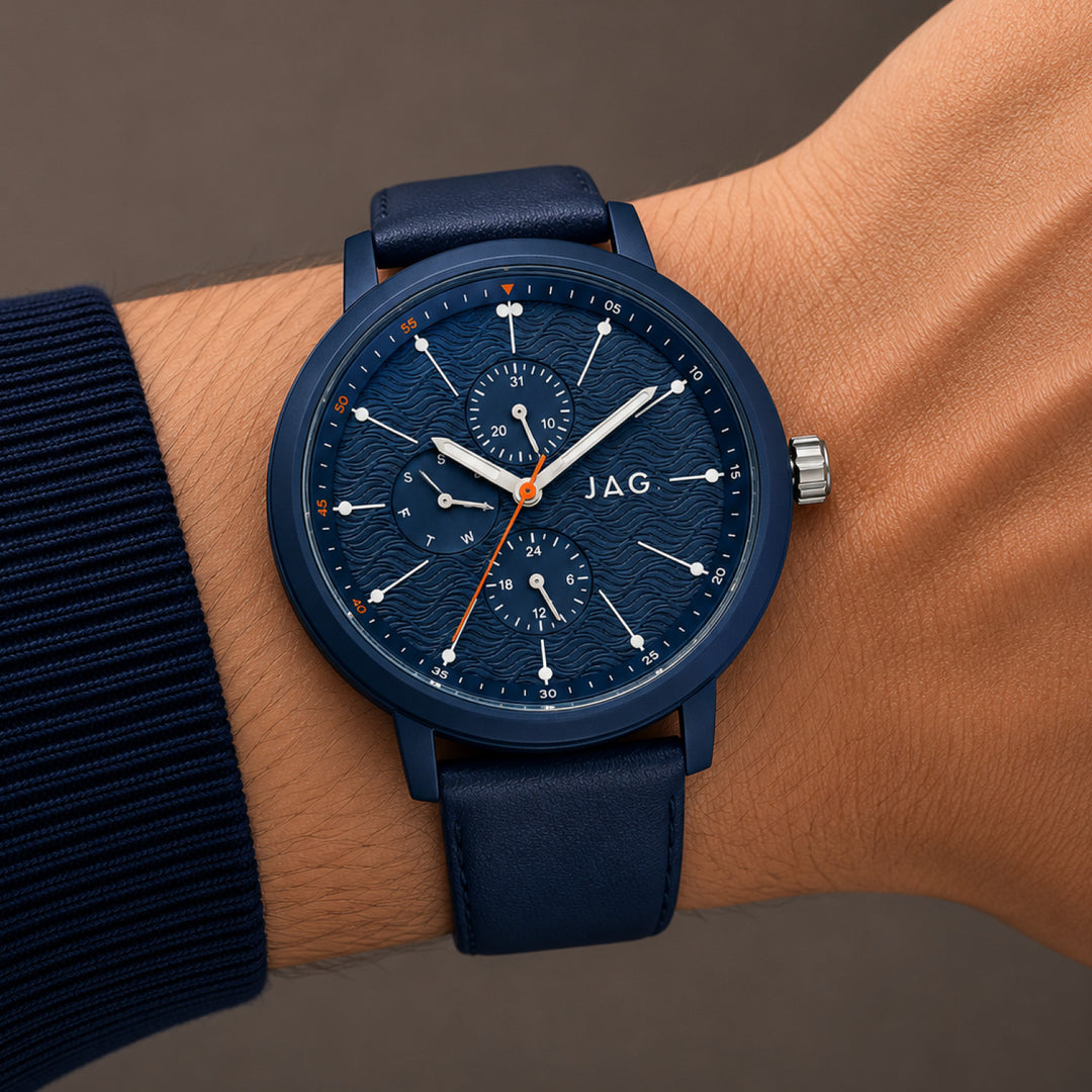 Jag Marlo Blue 45mm Watch shown worn on model