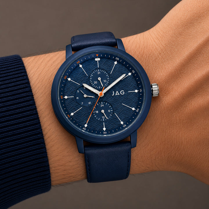 Jag Marlo Blue 45mm Watch shown worn on model