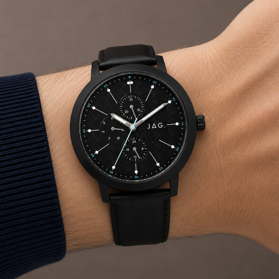 Jag Marlo Black 45mm Watch shown worn on model