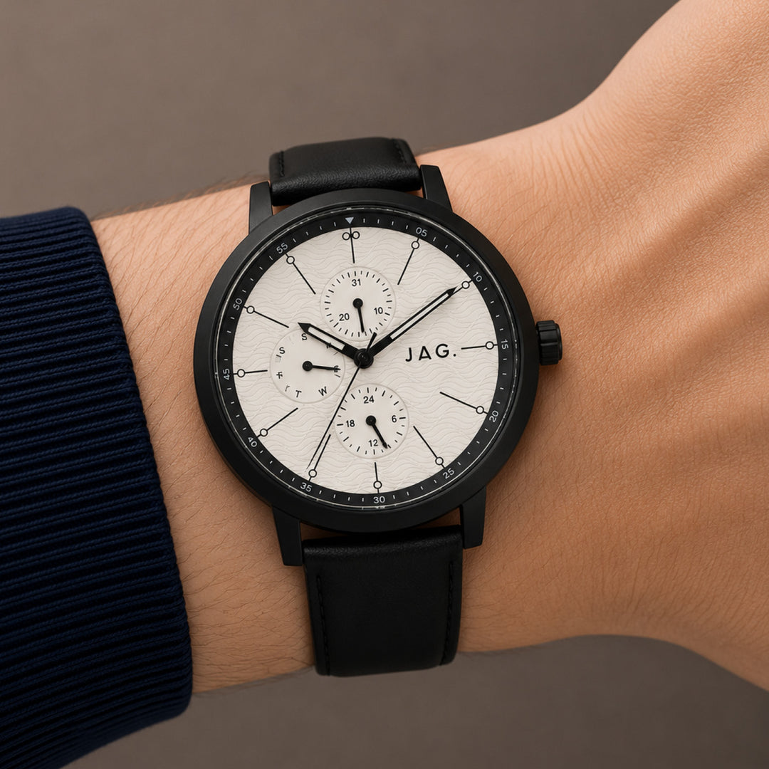 Jag Marlo Black 45mm Watch shown worn on model