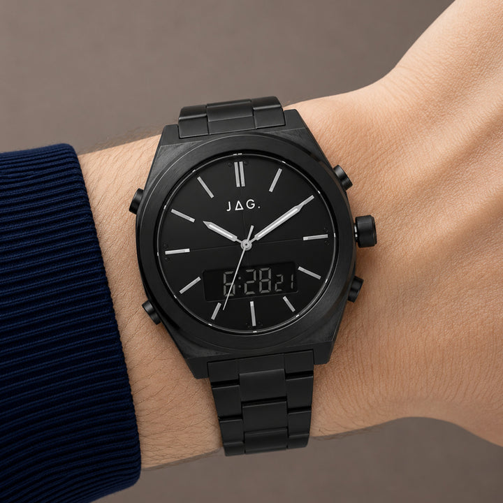 Jag Lincoln Black 43mm Watch shown worn on model