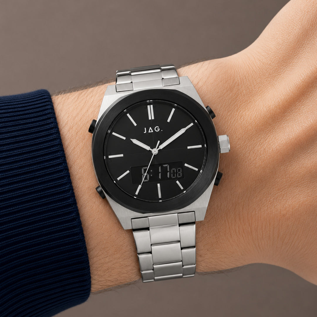 Jag Lincoln Silver 43mm Watch shown worn on model