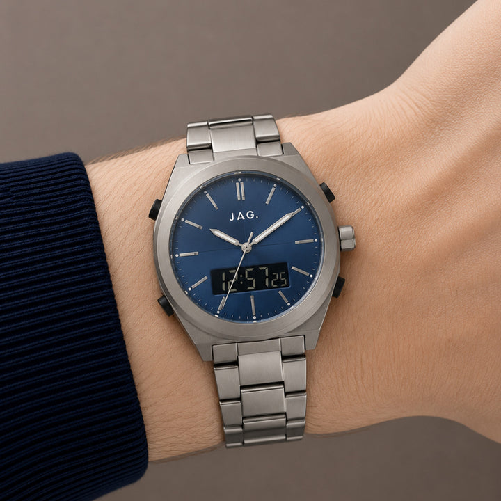 Jag Lincoln Grey 43mm Watch shown worn on model
