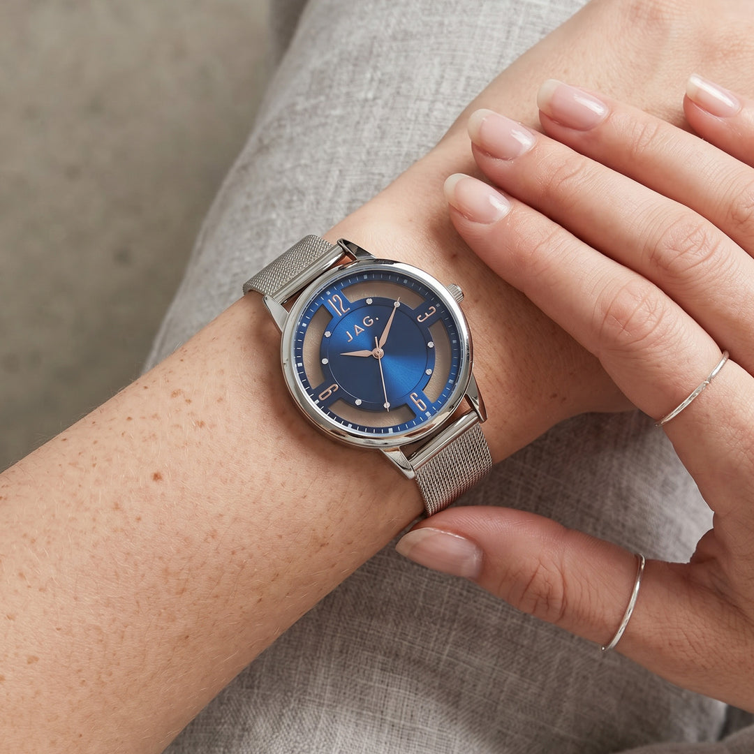 Jag Como Silver Stainless Steel Mesh 36mm Watch shown worn on model