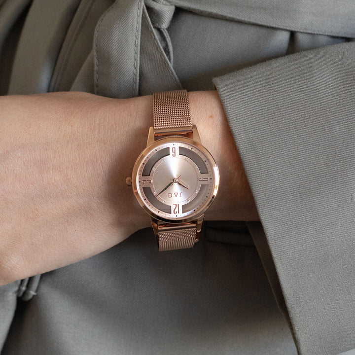 Jag Como Rose Stainless Steel Mesh 36mm Watch shown worn on model
