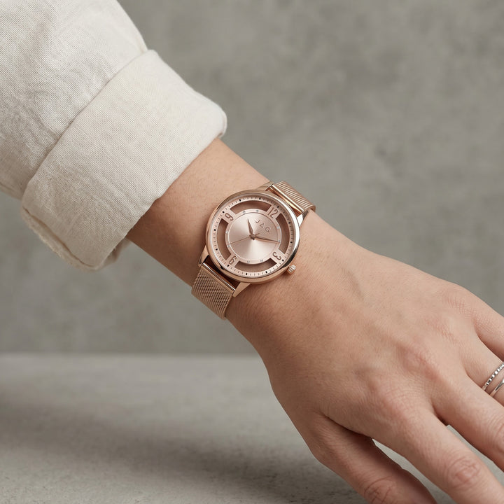 Jag Como Rose Stainless Steel Mesh 36mm Watch shown worn on model 2