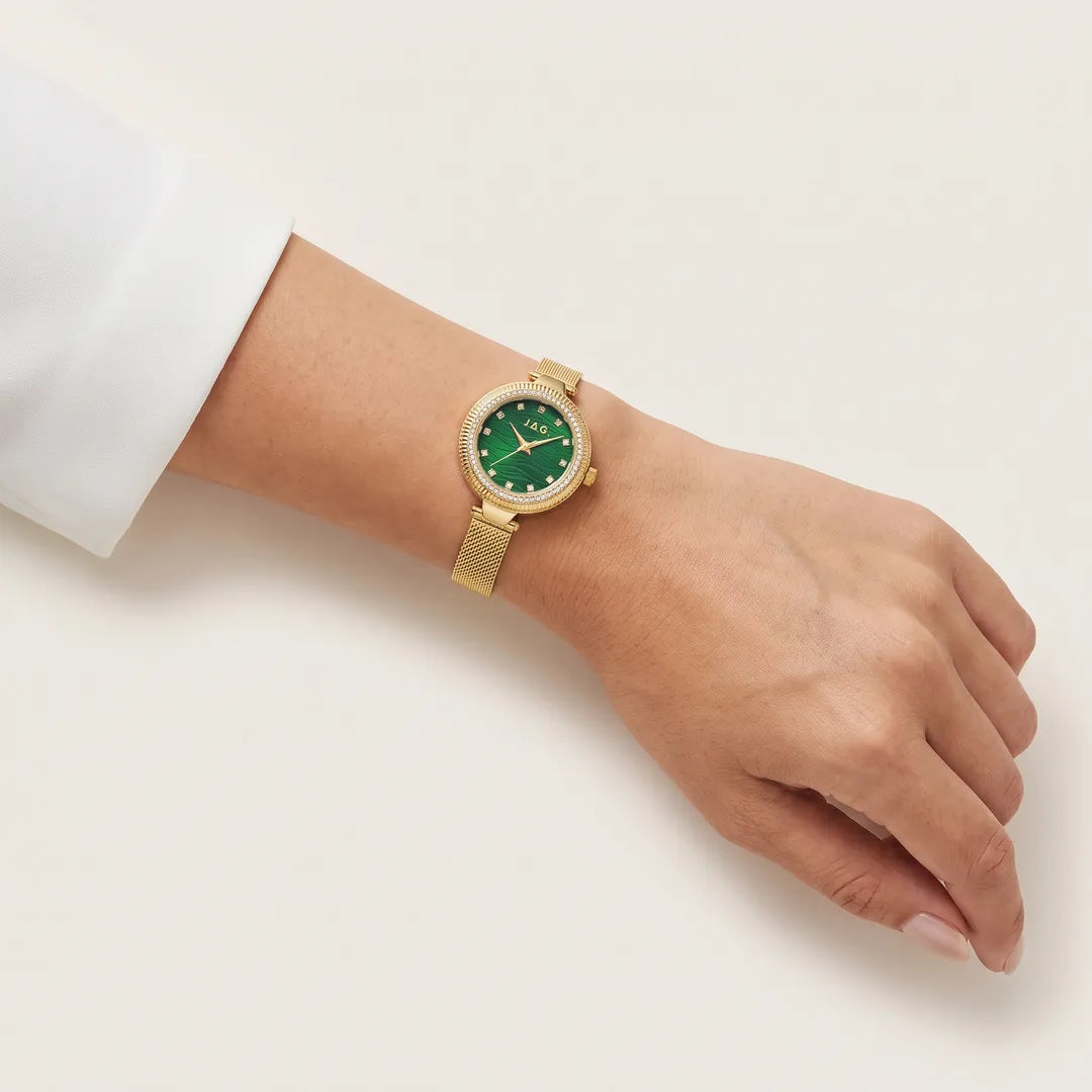 Jag Maddy Womens Green Dial 31mm Gold Mesh Watch worn on wrist