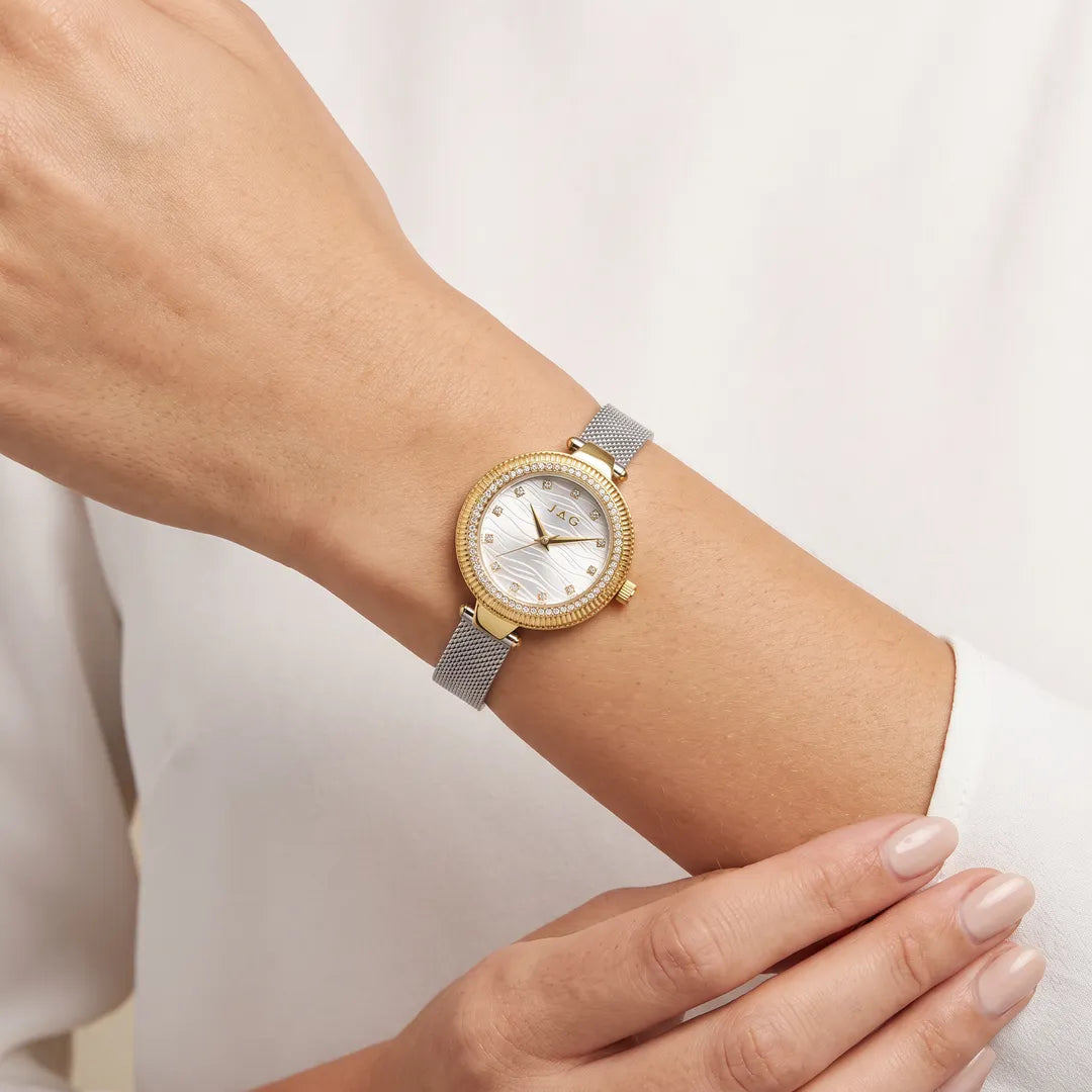 Jag Maddy Womens Silver Dial 31mm Gold & Silver Mesh Watch worn on wrist
