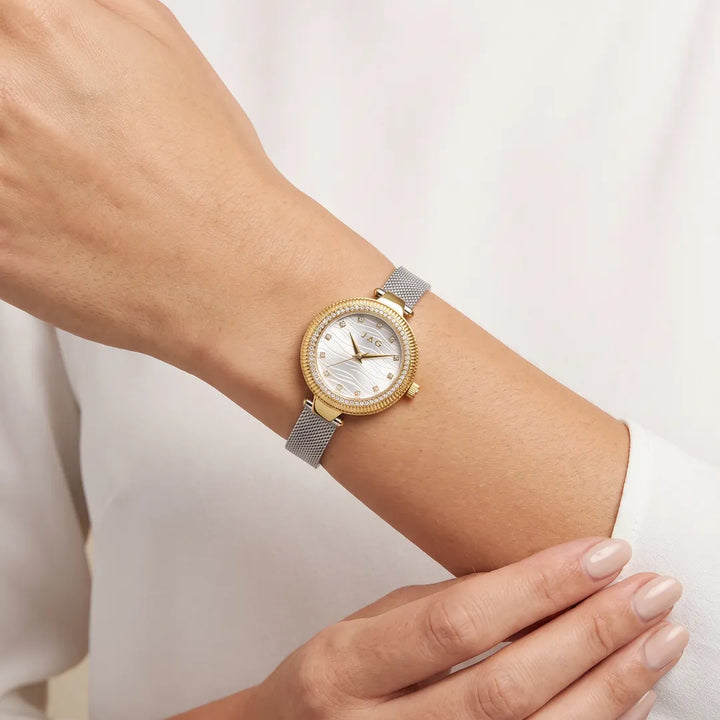 Jag Maddy Womens Silver Dial 31mm Gold & Silver Mesh Watch worn on wrist