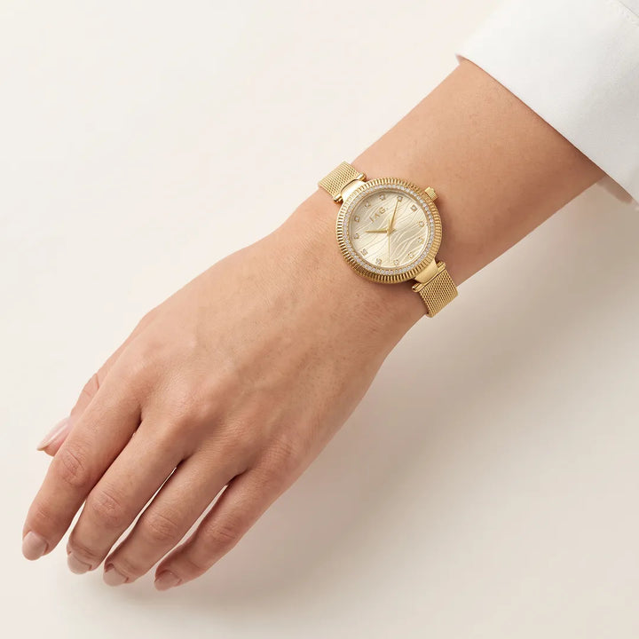 Jag Maddy Womens Gold Dial 31mm Gold Mesh Watch worn on wrist