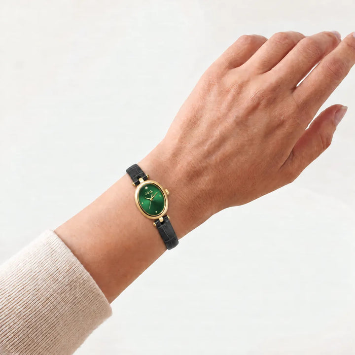 Jag Emilie womens green dial 20.5mm black leather strap watch worn on wrist