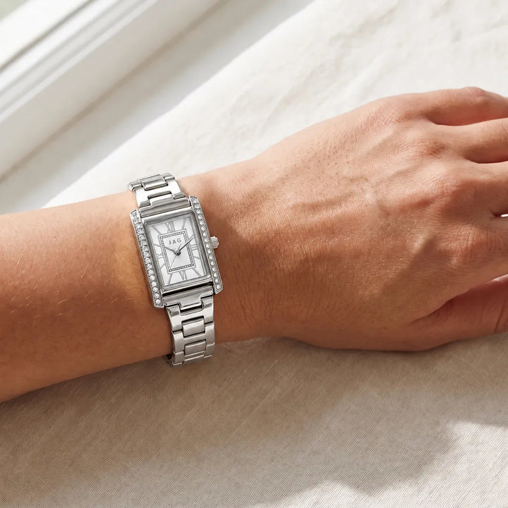 Jag Sienna womens silver dial 22mm silver watch worn on wrist